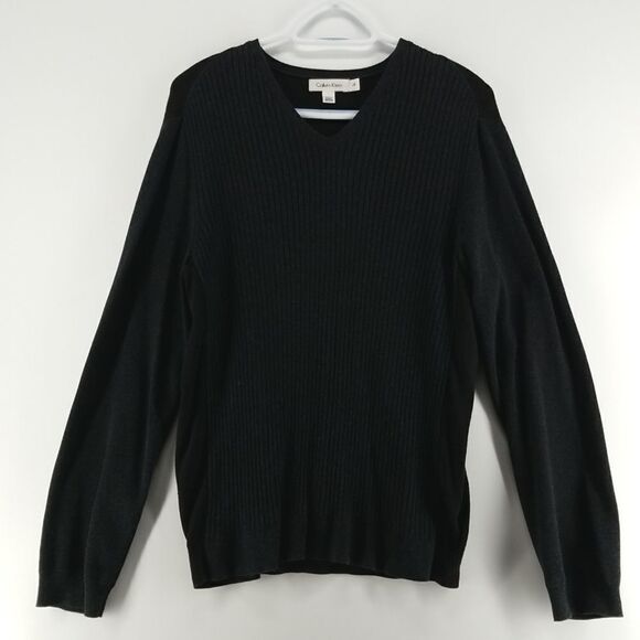 Calvin Klein Sweater Women's Large Raised Strip V Neck Long Sleeved Cotton Black - Picture 1 of 10